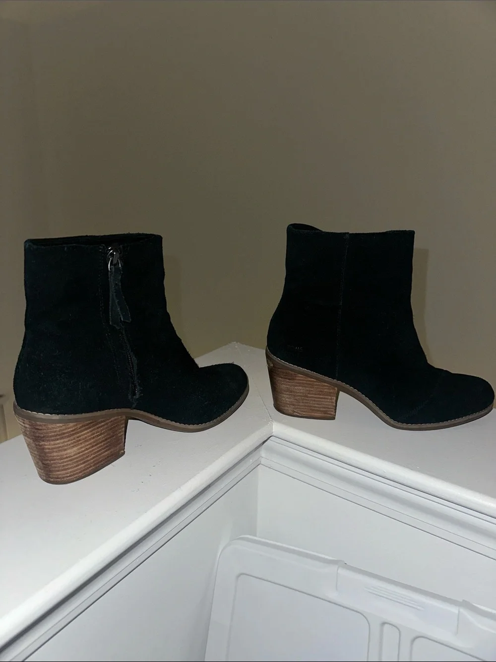 Toms Black Suede Ankle Booties with Stacked Wood Heel